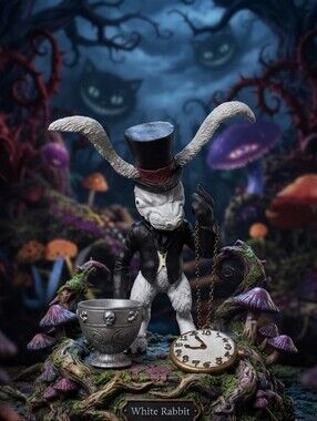 American McGee's Alice White Rabbit Figurine w/Top Hat & Pocket Watch Black Coat